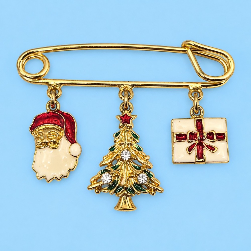 Vintage Avon Christmas Safety Pin Brooch Santa Tree Gift Enamel Rhinestone -3772